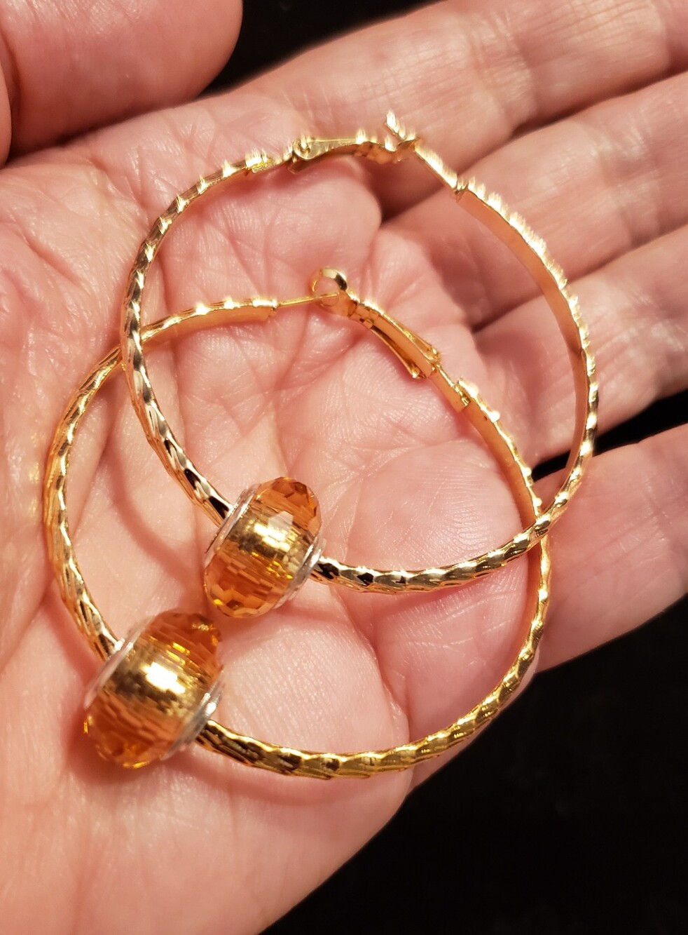 2" Hoop Earrings, Goldtone, Textured, Easy Lever Backs W/Amber Colored Big Beads